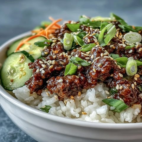 Sizzling Korean Ground Beef Bowl with seasoned meat over fluffy jasmine rice, topped with crisp pickled carrots, cucumbers, and radish for a savory, tangy bite.  