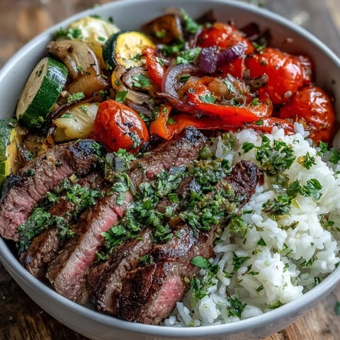 A close-up of a sheet pan steak and veggie bowl with juicy sliced steak, roasted bell peppers, and fluffy rice, garnished with fresh parsley and lemon wedges.