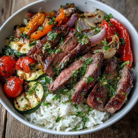 Golden roasted vegetables and tender steak slices arranged over a bed of fluffy rice in a colorful sheet pan steak and veggie bowl.