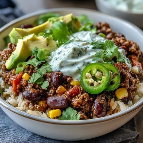 A steaming bowl of hearty chili bowl base piled high over fluffy rice and topped with creamy avocado and fresh cilantro.