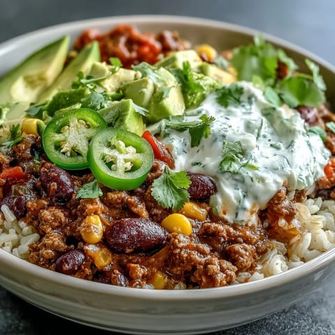 Savory chili bowl base served over brown rice with melted cheddar cheese, sour cream, and jalapeños for a perfect weeknight meal.
