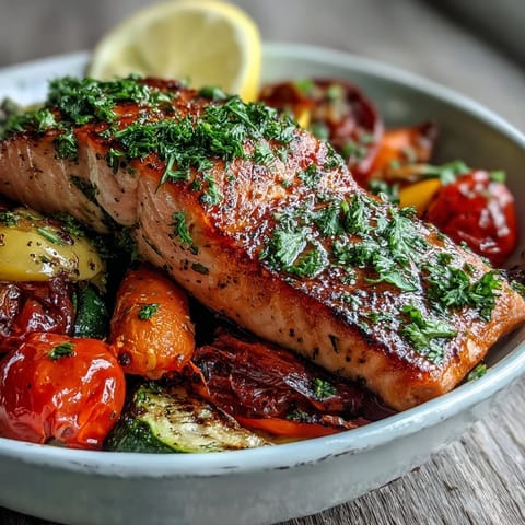A close-up of roasted salmon fillets and colorful vegetables, the centerpiece of the Sheet Pan Salmon and Veggies Bowl, glistening with olive oil and fresh parsley.