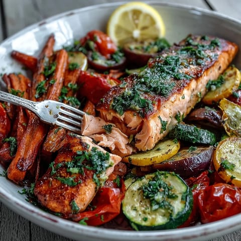 Freshly roasted Sheet Pan Salmon and Veggies Bowl, featuring caramelized red onion wedges, tender zucchini, and juicy cherry tomatoes beside flaky, perfectly cooked salmon.