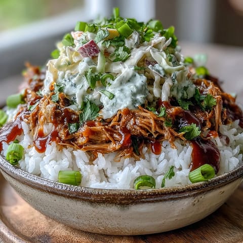 Tender, slow-cooked pulled pork piled high over fluffy white rice in a colorful bowl, topped with creamy tangy coleslaw and a rich BBQ sauce drizzle.  