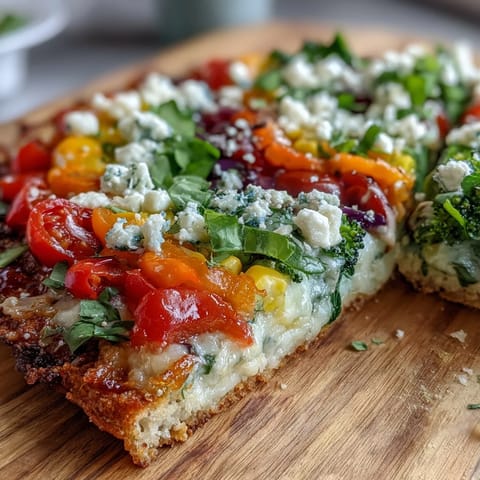 St. Patrick's Day Rainbow Veggie Flatbread Pizza with vibrant layers of fresh vegetables arranged in a colorful rainbow pattern on a golden, crispy crust.