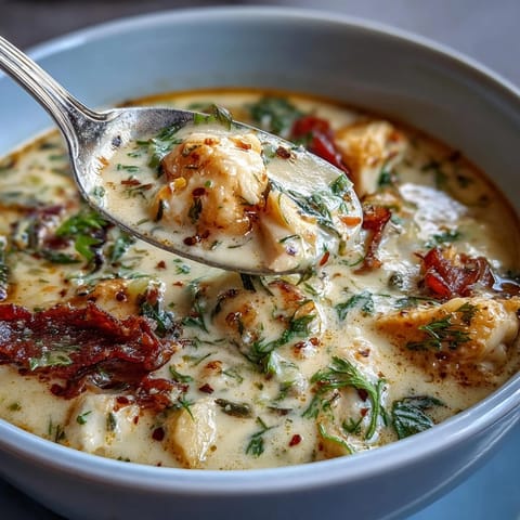 A steaming bowl of Slow Cooker Chicken Pot Pie Soup with tender chicken and creamy vegetables.  