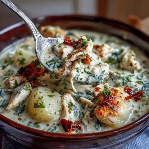 Comforting chicken pot pie soup served in a rustic bowl, topped with golden puff pastry.  