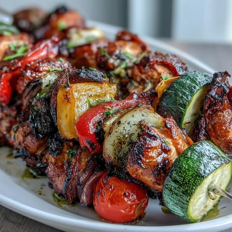 Grilled summer vegetable skewers with chimichurri, showcasing colorful bell peppers and zucchini on a platter.  
