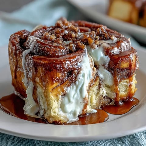 Cinnamon Roll Pancake Casserole with Cream Cheese Glaze: A golden baked casserole featuring fluffy pancake batter swirled with cinnamon sugar, topped with a rich cream cheese glaze for a sweet breakfast treat.