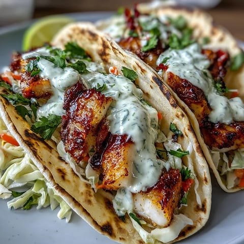 Zesty grilled fish tacos with coconut lime marinade, topped with crunchy red cabbage slaw and tangy crema, served in warm tortillas.  