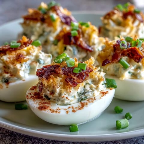 Spicy jalapeño popper deviled eggs with cream cheese, bacon, and cheddar make a bold appetizer.