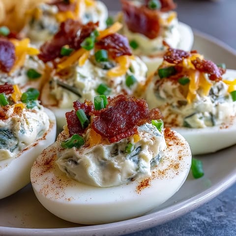 Creamy jalapeño popper deviled eggs blend tangy cream cheese, smoky bacon, and fresh jalapeños.