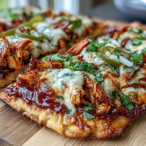 Golden, crispy BBQ chicken flatbread pizza topped with smoky cheese, colorful vegetables, and a spicy jalapeño kick.  