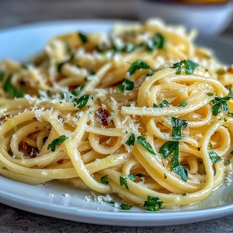 Creamy lemon butter pasta with silky sauce and fresh Parmesan, served hot with a sprinkle of parsley.