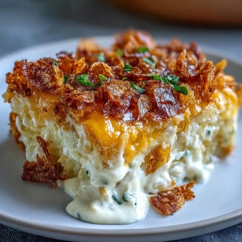 Cheesy hash brown casserole with crispy cornflake topping, bubbling and golden from the oven.