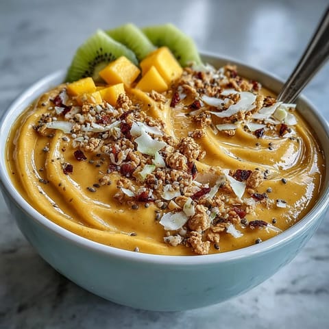 A vibrant mango chili lime smoothie bowl topped with fresh kiwi, granola, and shredded coconut, perfect for a refreshing breakfast.