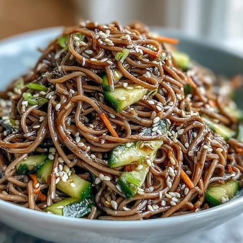 Chilled soba noodles tossed with crisp cucumber, carrot, and red bell pepper, all coated in a tangy sesame ginger dressing.  