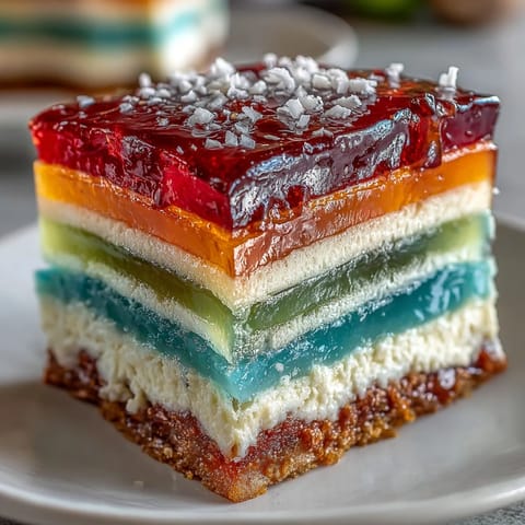Showcasing colorful, jiggly agar-agar rainbow jelly cake layered with sweet coconut cream.