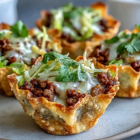 Golden, crispy mini taco cups filled with seasoned beef and melted cheese, ready to serve.