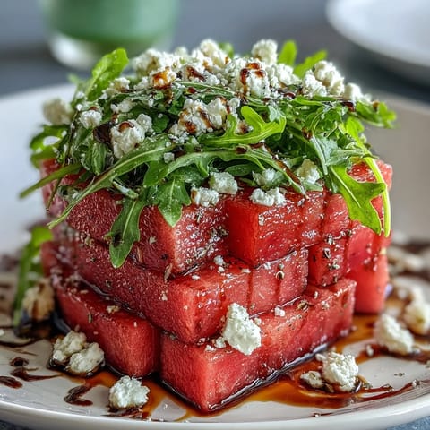 Vibrant Watermelon Feta Arugula Salad glistening with sweet balsamic reduction.