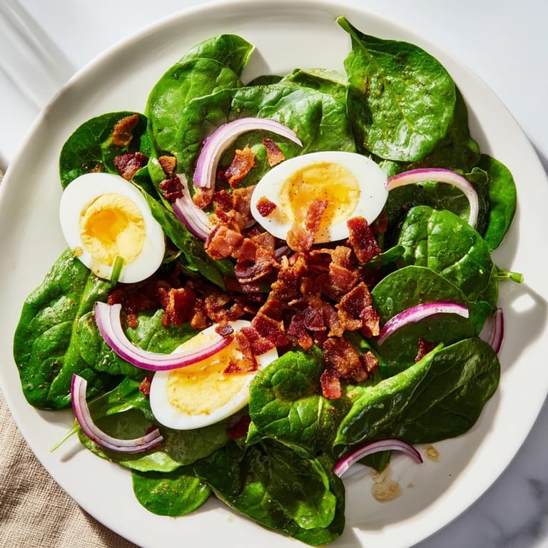 A refreshing bowl of Spinach Salad with Bacon, showcasing crumbled bacon and sliced eggs in a light dressing.