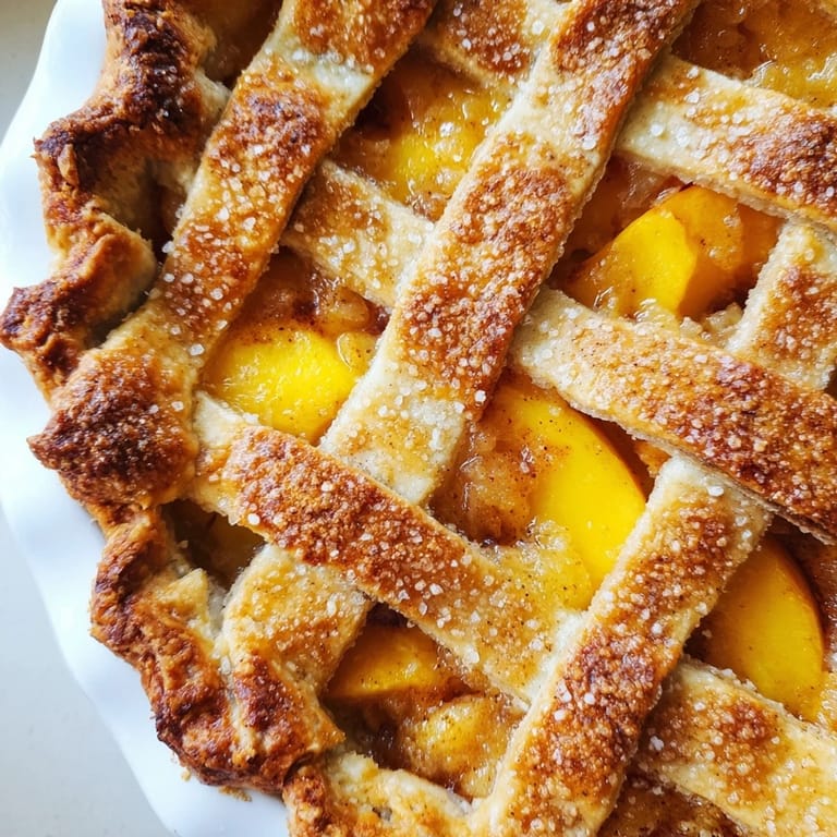 Warm Peach Pie, fresh from the oven, showing off a gorgeous golden-brown crust and juicy filling.
