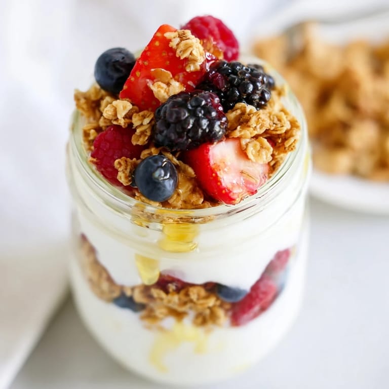 A beautifully arranged Berry Parfait showcases the colorful layers of berries, yogurt, and granola for your enjoyment.