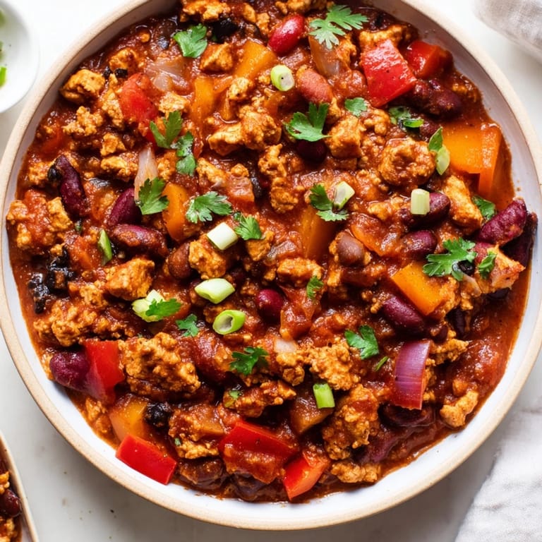 Homemade turkey chili, a comforting American classic, topped with fresh cilantro and green onions.