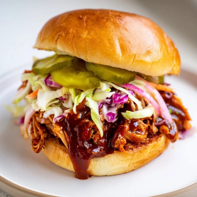 Homemade BBQ chicken sandwich, served with a vibrant slaw, inviting you to enjoy the first bite.