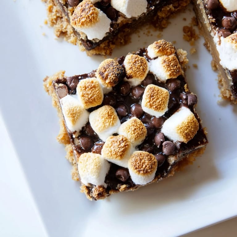 Warm, freshly baked Smores Bars feature a buttery graham cracker base and rich chocolate topping.
