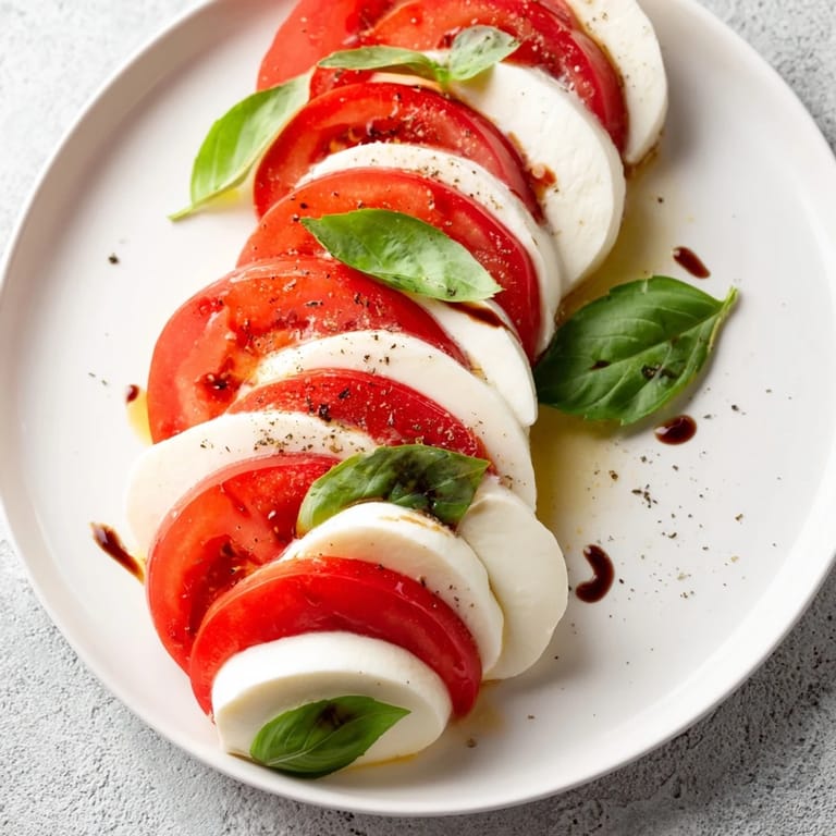 Fresh Caprese Salad features layered tomatoes, mozzarella, and basil, a simple Italian-American starter.