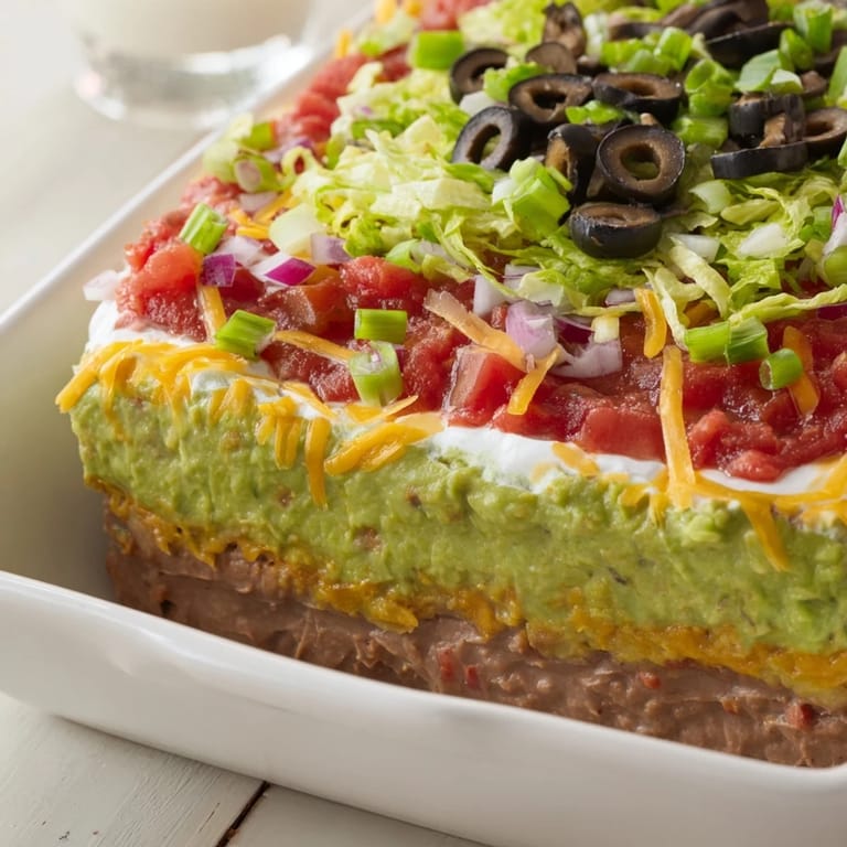 This refreshing Seven-Layer Dip boasts creamy layers and fresh toppings, ready to serve at your next gathering.