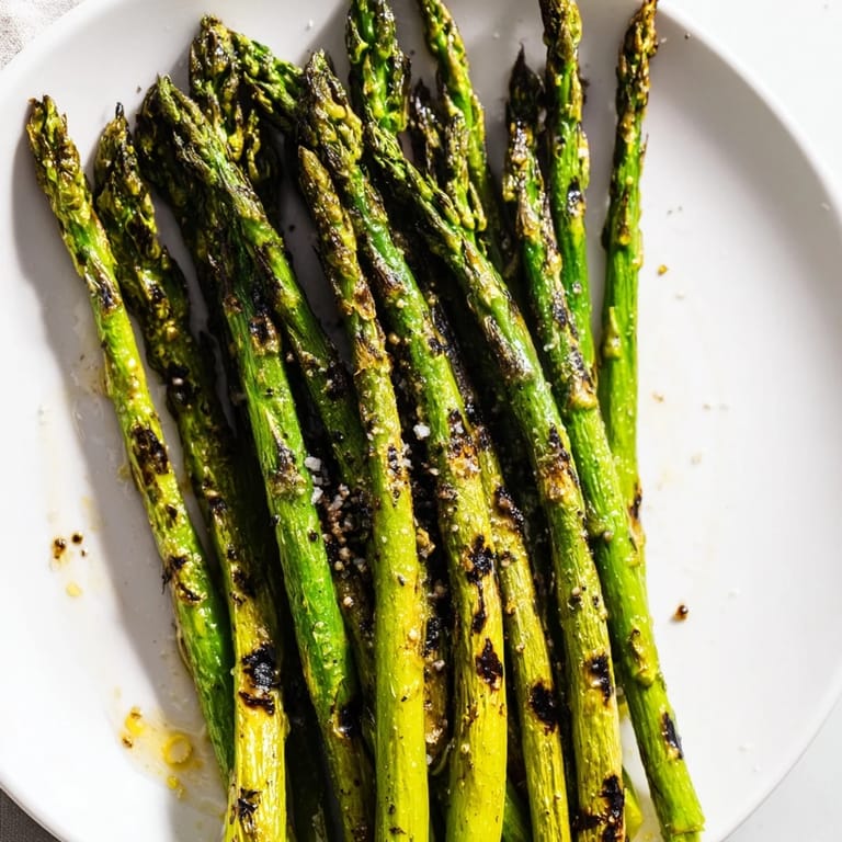 Close-up shot shows beautifully grilled asparagus, the perfect vegan side, enhanced by sea salt and lemon wedges.