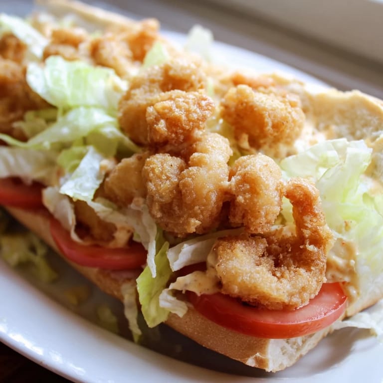 Juicy tomatoes and crispy shrimp overflow from a delicious, homemade Shrimp Po Boy sandwich.