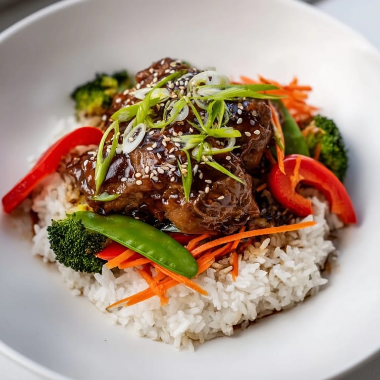 A delicious teriyaki chicken bowl piled high with tender chicken and glistening sweet sauce over rice.