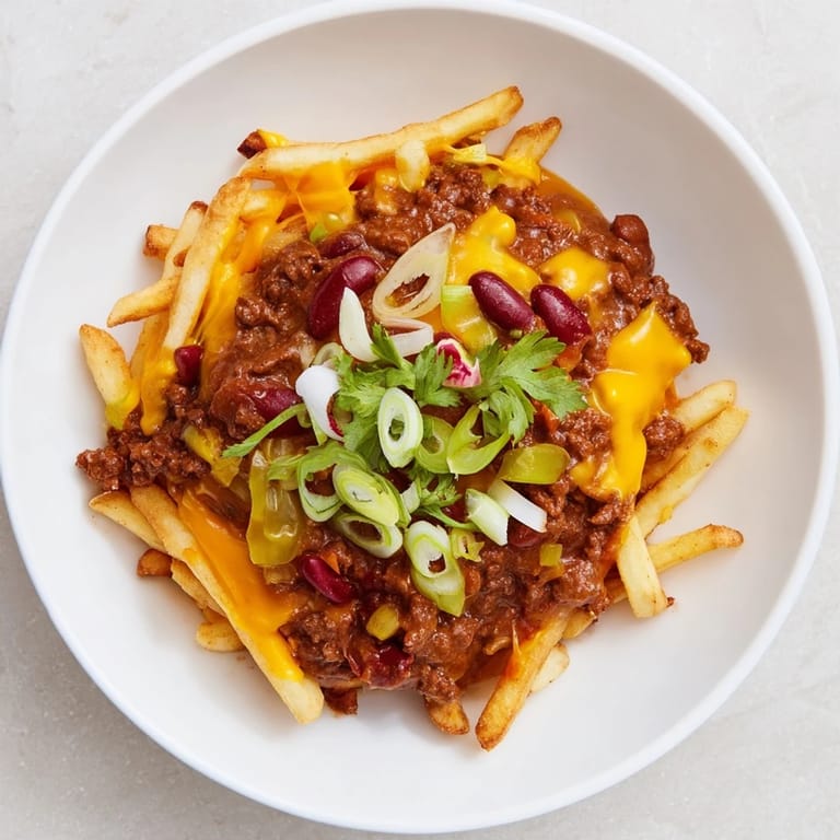 Get a taste of these cheesy, saucy Chili Cheese Fries, topped with fresh green onions for brightness.