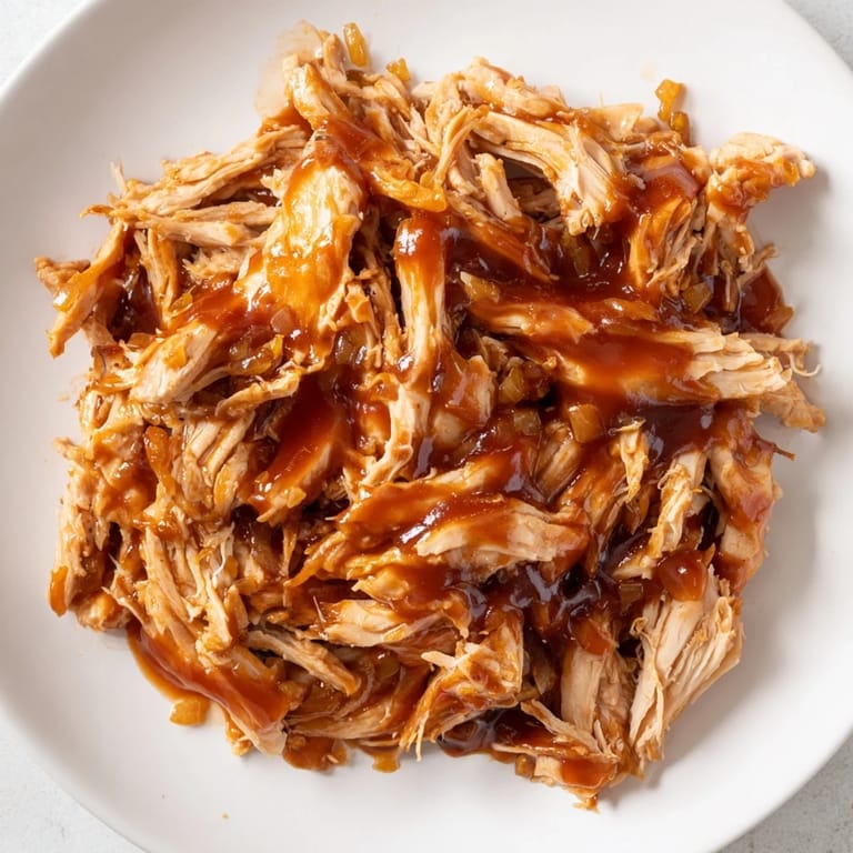Slow-cooked BBQ pulled chicken, flavorful and easy to shred with forks, perfect for sandwiches or bowls.