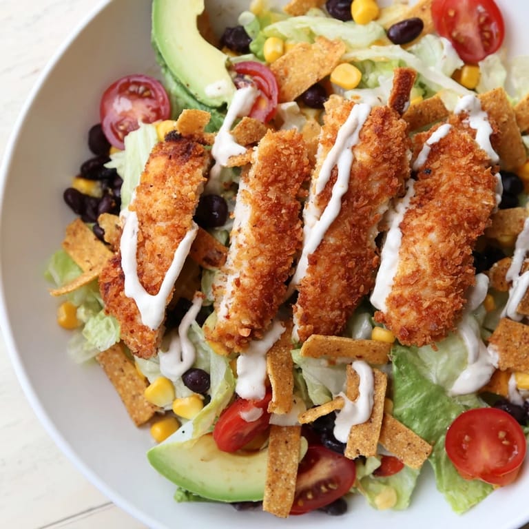 A Tex-Mex Crispy Chicken Taco Salad features crunchy romaine, black beans, and avocado, topped with spicy chicken and tangy dressing.
