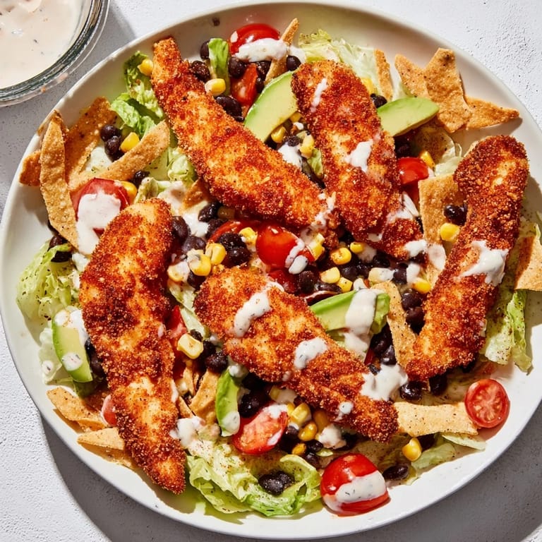 Enjoy Crispy Chicken Taco Salad for lunch or dinner, layered with corn, cheddar, tomatoes, and zesty lime salsa ranch.