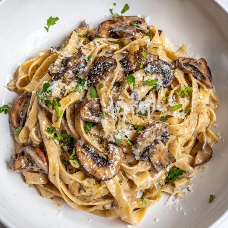 Steaming plate of Creamy Mushroom Alfredo, showcasing al dente fettuccine tossed in a creamy garlic Parmesan sauce.