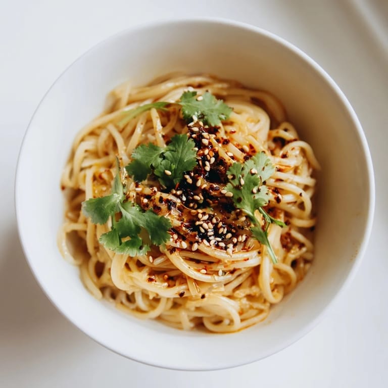 A vibrant Spicy Sesame Noodle Salad served in a bowl with toasted sesame seeds and crunchy peanuts.  