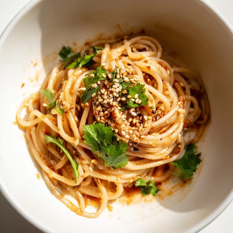 Cold wheat noodles tossed with crisp vegetables, herbs, and chili oil for a refreshing lunch or light dinner.