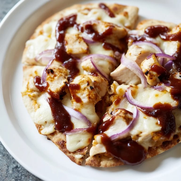 Close-up of a delicious BBQ Chicken Flatbread showing tender grilled chicken, sweet onions, and bubbly mozzarella on a crisp base.