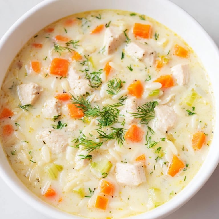Chicken Lemon Orzo Soup in a rustic white bowl is garnished with fresh dill and parsley, steam rising invitingly from the savory broth.
