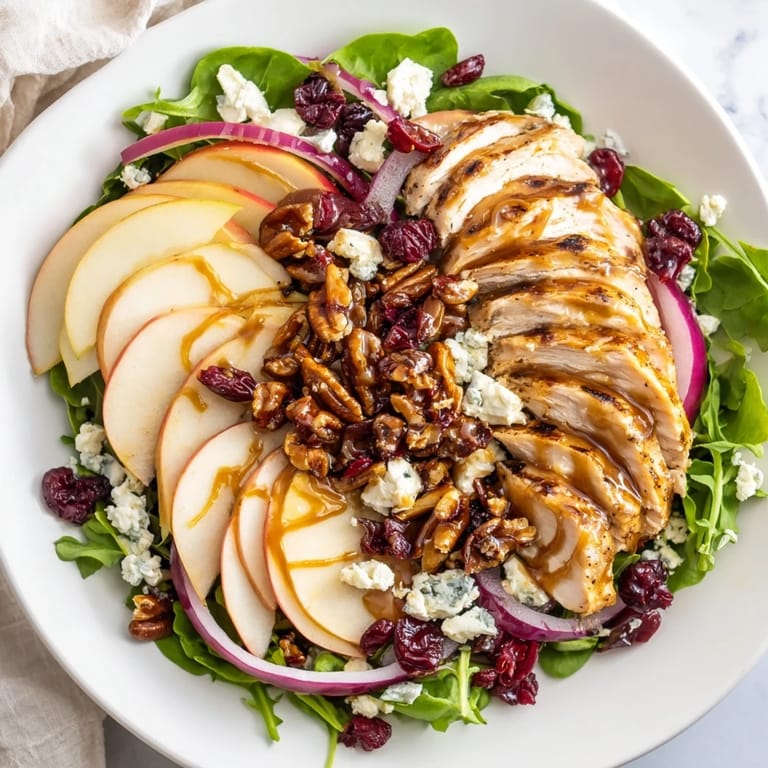 Freshly tossed Caramel Apple Chicken Salad featuring red onion, dried cranberries, crumbled cheese, and a glossy caramel-pecan dressing over greens.