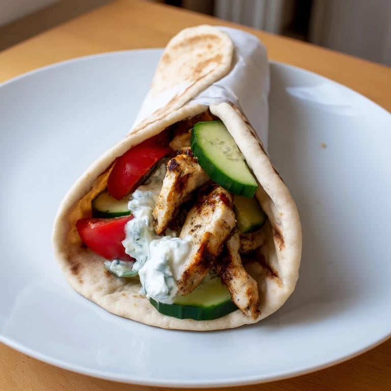 Freshly assembled Greek Chicken Wrap on a plate, garnished with dill and served with a lemon wedge.