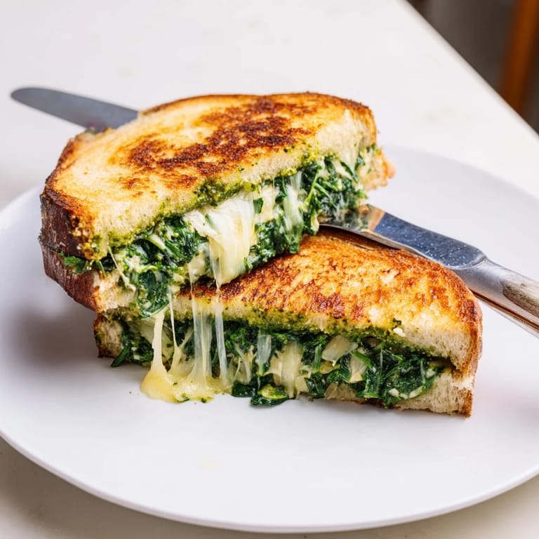 Two golden-brown grilled cheese sandwiches sliced in half, revealing the garlicky spinach pesto and stringy mozzarella filling, served with a side salad.