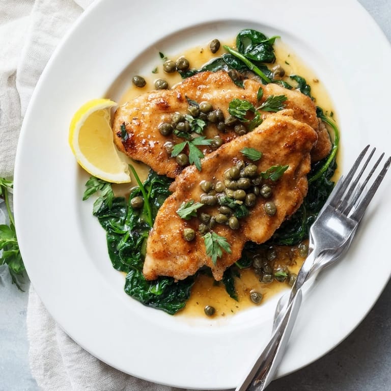 Tender chicken cutlets in a silky lemon butter sauce over wilted spinach, showcasing an elegant American-European fusion main dish.