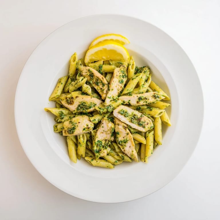 Ready-to-serve Chimichurri Chicken Pasta garnished with lemon wedges on a rustic wooden table for dinner.