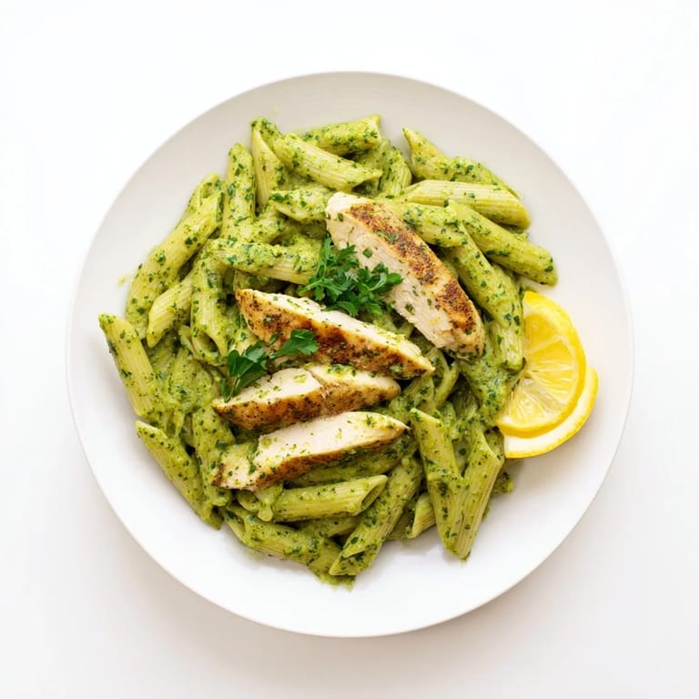 A close-up of Chimichurri Chicken Pasta showing fresh parsley and garlic flecks on al dente noodles.